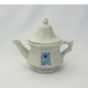 Vintage AVON China Teapot Candle Holder White Blue Floral NWOB